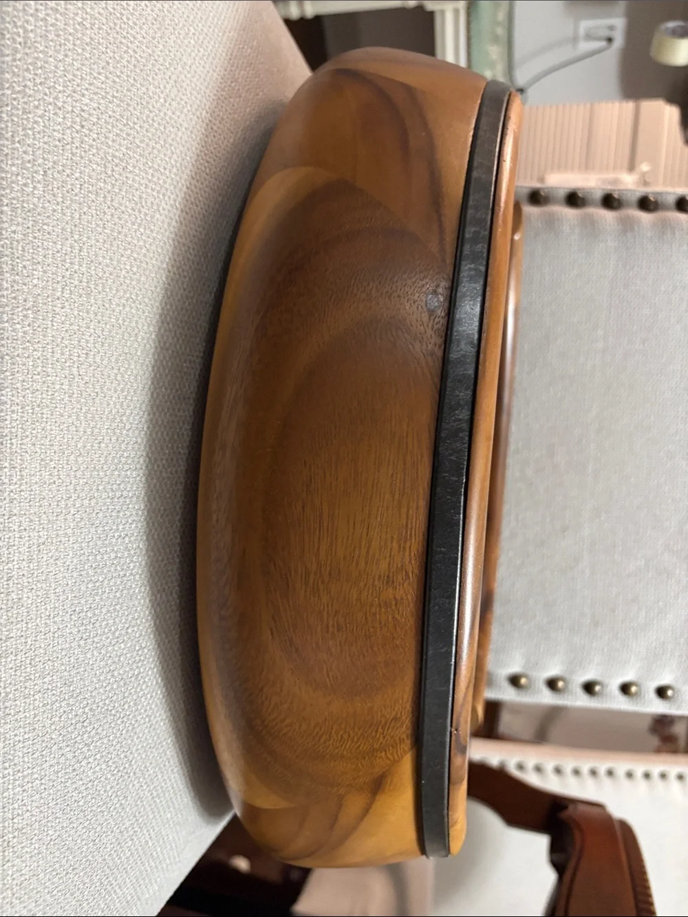 Nambe Acacia Wood Serving Bowl with Servers in Honey Brown and Metal Accents